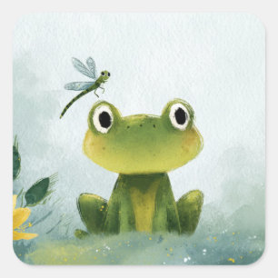 Pegatina Cuadrada Rana Adorable y Libélula – Ilustración Suave de la