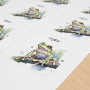 Pegatina Cuadrada Rana arborícola acuarela linda, personalizada