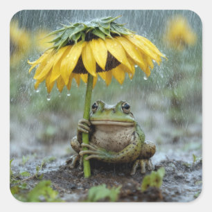 Pegatina Cuadrada Rana bajo una sombrilla de girasol en la lluvia