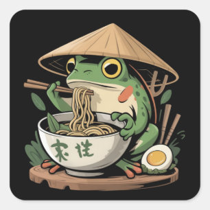 Pegatina Cuadrada Rana comiendo ramen kawaii neko fideos japoneses