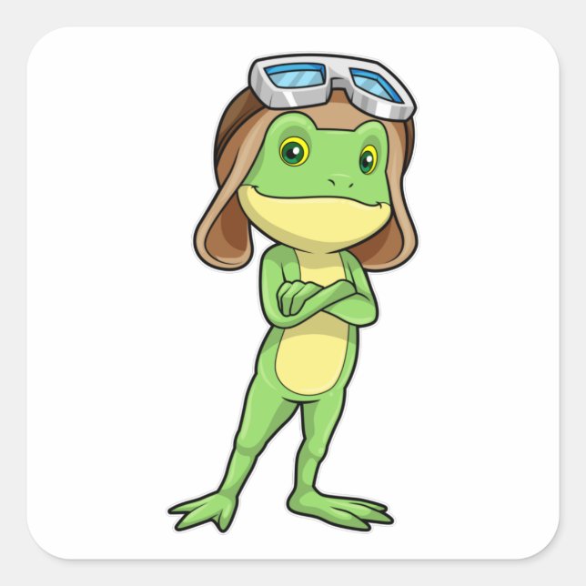 Pegatina Cuadrada Rana como piloto con Gorra y lentes (Anverso)