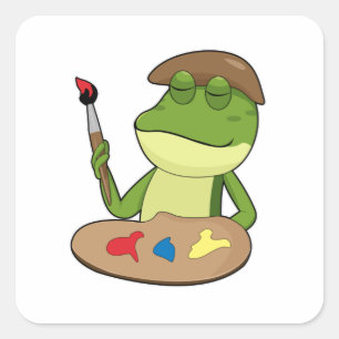 Pegatina Cuadrada Rana como pintador con pincel y pintura
