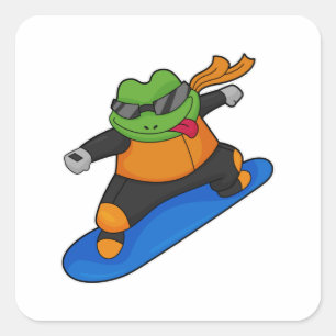 Pegatina Cuadrada Rana como snowobarder con Snowboard