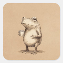 Pegatina Cuadrada Rana con Café – Animal Antiguo Caprichoso