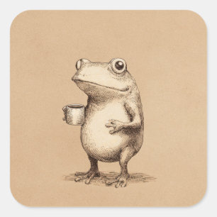Pegatina Cuadrada Rana con Café – Animal Antiguo Caprichoso