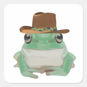 Pegatina Cuadrada Rana Cuta Con Gorra Vaquero