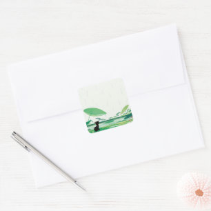 Pegatina Cuadrada Rana de gato acuarela en la lluvia