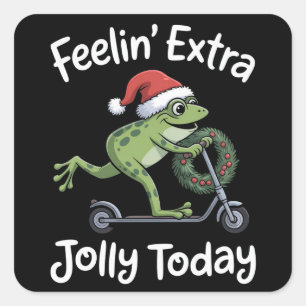 Pegatina Cuadrada Rana divertida de Navidad sintiéndose extra alegre