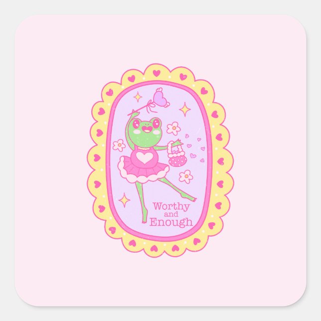 Pegatina Cuadrada Rana dulce de gelatina - digna y suficiente (Anverso)