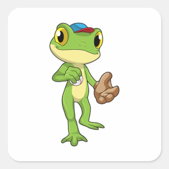 Pegatina Cuadrada Rana en béisbol con guante de béisbol (Anverso)