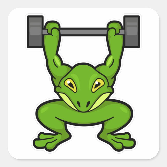 Pegatina Cuadrada Rana en Bodybuilding con Barbell (Anverso)