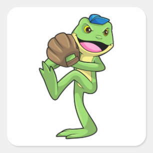 Pegatina Cuadrada Rana en el béisbol con guantes