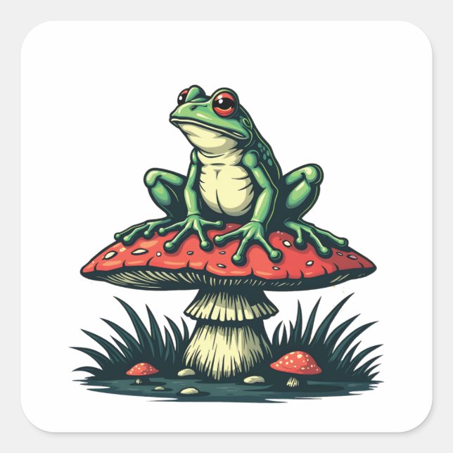 Pegatina Cuadrada Rana en hongos mágicos del bosque de champiñones C (Anverso)