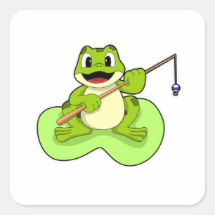 Pegatina Cuadrada Rana en la pesca con barra de pesca