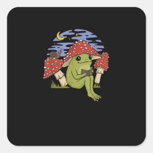 Pegatina Cuadrada Rana fanática de los libros con sombrero de hongo 