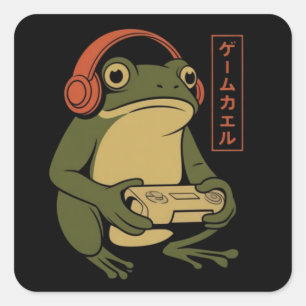 Pegatina Cuadrada Rana japonesa para jugadores divertida y retro de 
