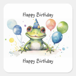 Pegatina Cuadrada rana linda con globos Feliz Cumpleaños Caprichosa