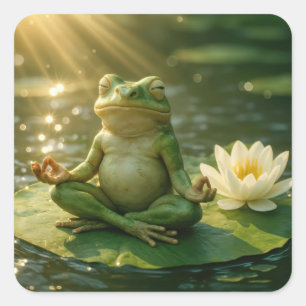 Pegatina Cuadrada Rana Meditando Sobre Una Hoja De Nenúfar