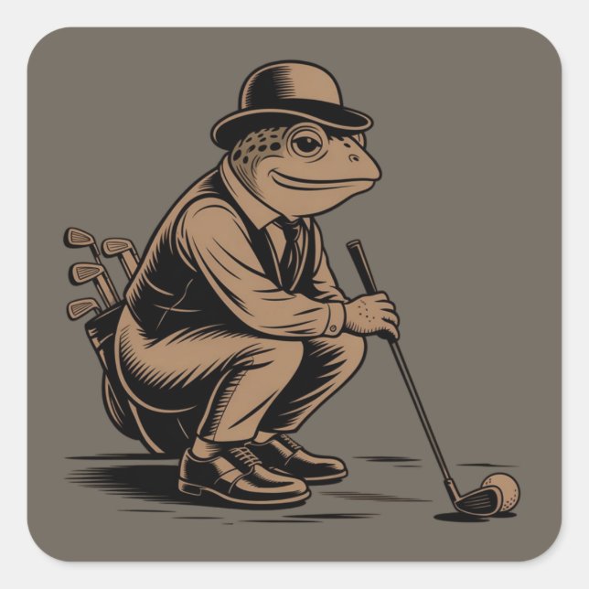 Pegatina Cuadrada Rana Retro Divertida Rana Retro Amante del Golf (Anverso)