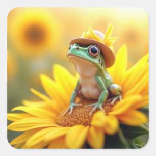 Pegatina Cuadrada Rana sobre un girasol