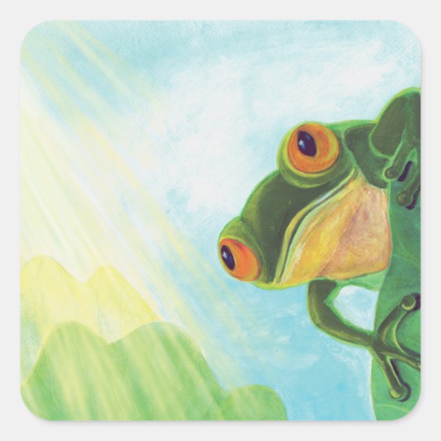 Pegatina Cuadrada Rana verde atrapando rayos solares (Anverso)