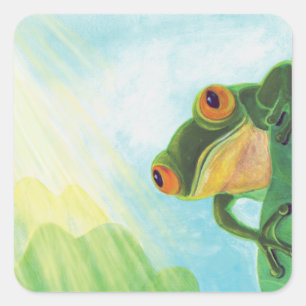 Pegatina Cuadrada Rana verde atrapando rayos solares