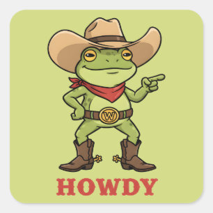 Pegatina Cuadrada Rana Yeehaw Occidental Saludo Rana Meme Divertido