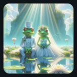 Pegatina Cuadrada Ranas de novias y novias en Lily Pad<br><div class="desc">Ranas verdes novias y novias sentadas en una plataforma de lirios en un estanque con vigas de sol brillando al fondo.</div>