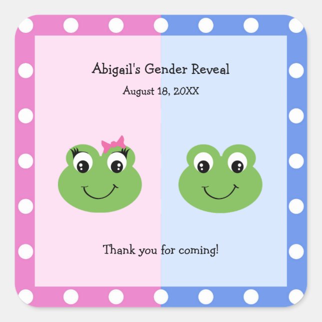 Pegatina Cuadrada Ranas verdes género revelan Baby Shower (Anverso)