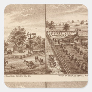 Pegatina Cuadrada Ranches, establos, Tulare Co, Cal