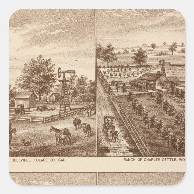 Pegatina Cuadrada Ranches, establos, Tulare Co, Cal (Anverso)