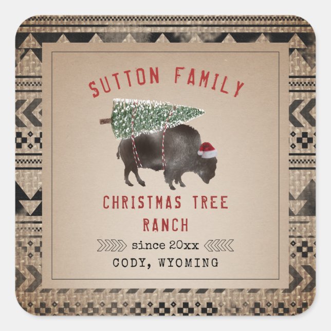 Pegatina Cuadrada Rancho de árbol de navidad Santa Bison Burlap (Anverso)