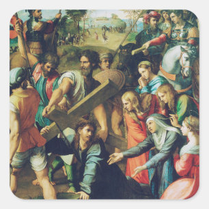 Pegatina Cuadrada Raphael Spasimo Christ Cae Bajo la Cruz Arte