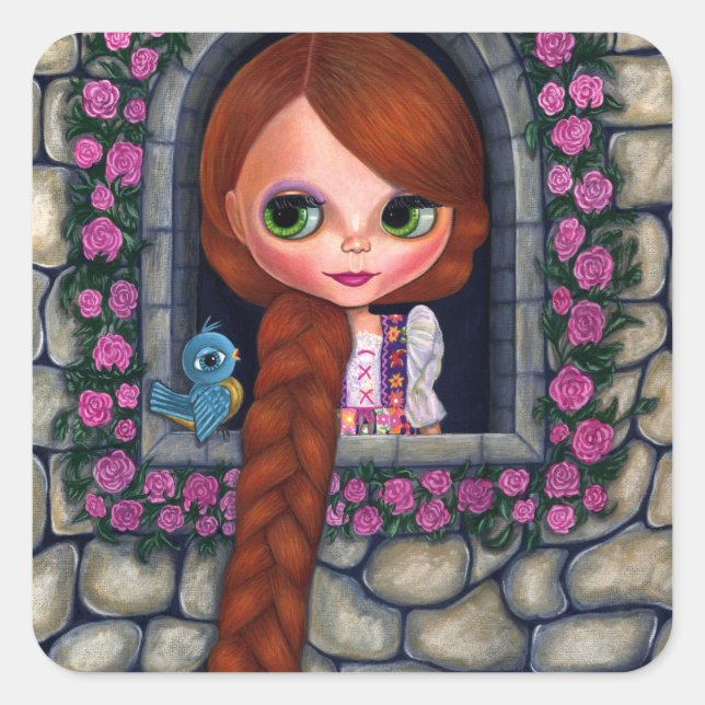 Pegatina Cuadrada Rapunzel Big Eyes Chica Doll Cute Redhead Bluebird (Anverso)