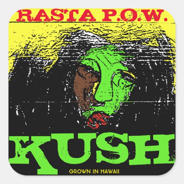 PEGATINA CUADRADA RASTA P.O.W. KUSH (Anverso)