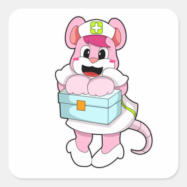 Pegatina Cuadrada Rat como enfermera con caja (Anverso)