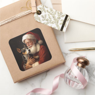 Pegatina Cuadrada Rat Terrier Con Santa Claus Navidades festivos