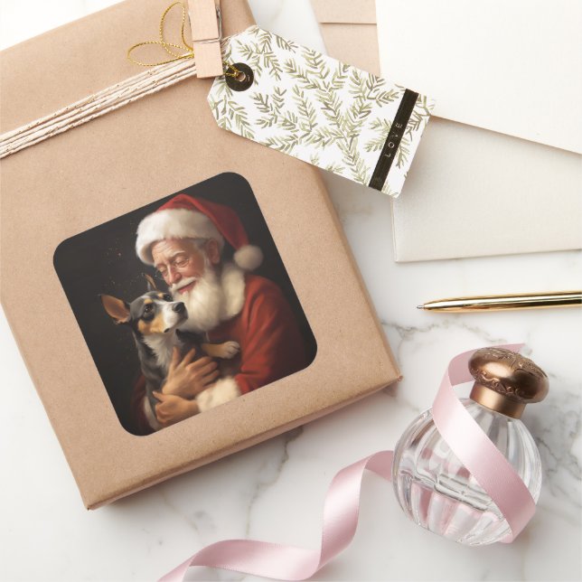 Pegatina Cuadrada Rat Terrier Con Santa Claus Navidades festivos (Regalar)