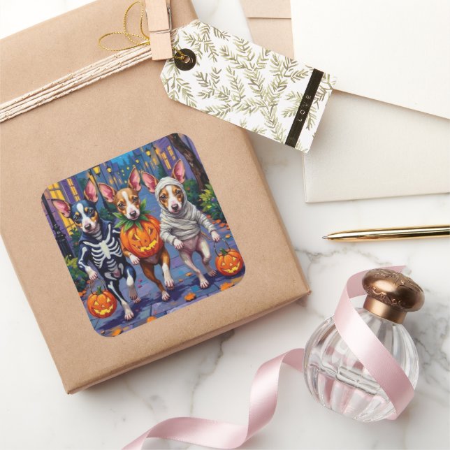 Pegatina Cuadrada Rat Terrier Trick-or-Treating Halloween Costumes (Regalar)