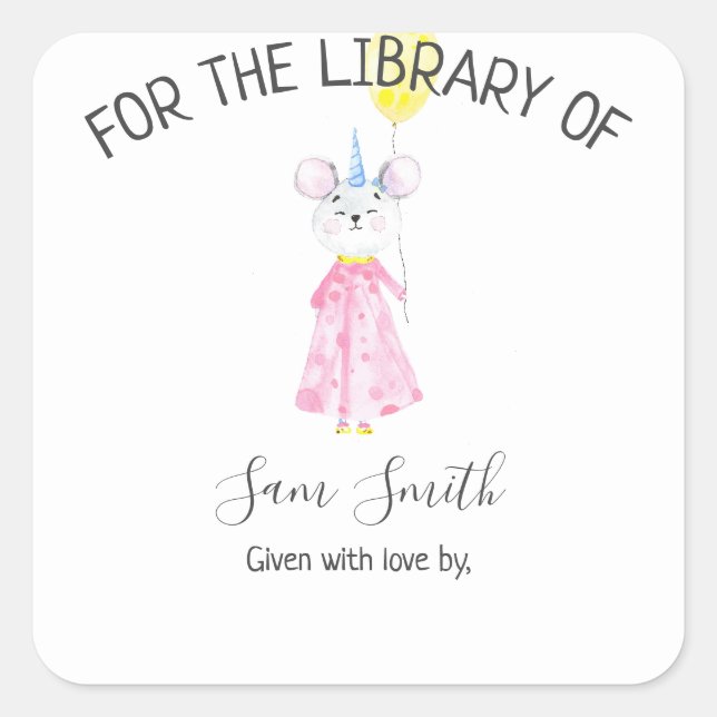 Pegatina Cuadrada Ratón acuarela - para la biblioteca de (Anverso)