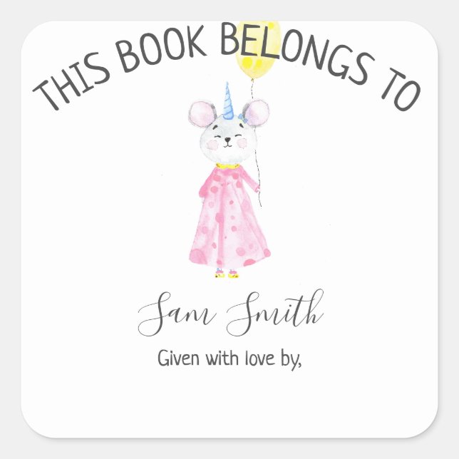 Pegatina Cuadrada Ratón acuarela - placa (Anverso)