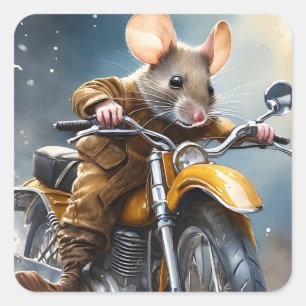 Pegatina Cuadrada Ratón Adorable en motocicleta