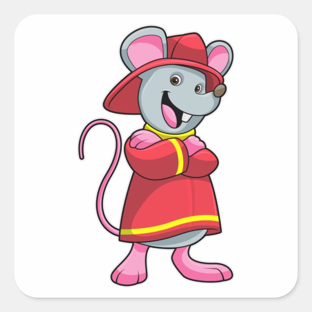 Pegatina Cuadrada Ratón como bombero con casco (Anverso)