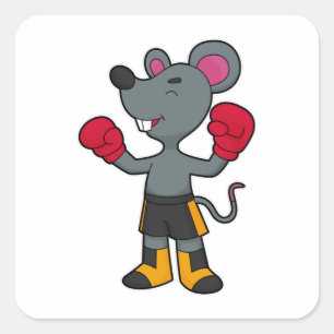 Pegatina Cuadrada Ratón como boxeador con guantes de boxeo