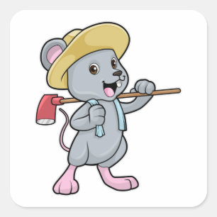 Pegatina Cuadrada Ratón como granjero con hacha y Gorra