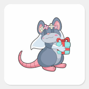 Pegatina Cuadrada Ratón como novia con velo y regalo.PNG