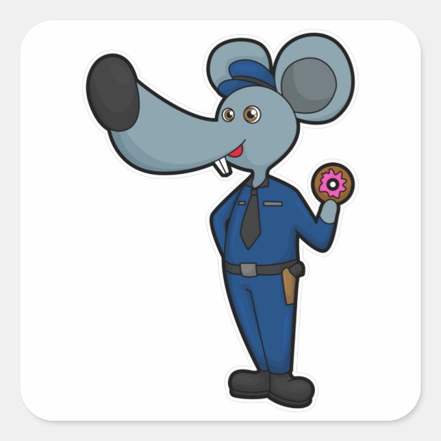Pegatina Cuadrada Ratón como oficial de policía con Donut (Anverso)