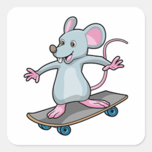 Pegatina Cuadrada Ratón como patinador con patineta