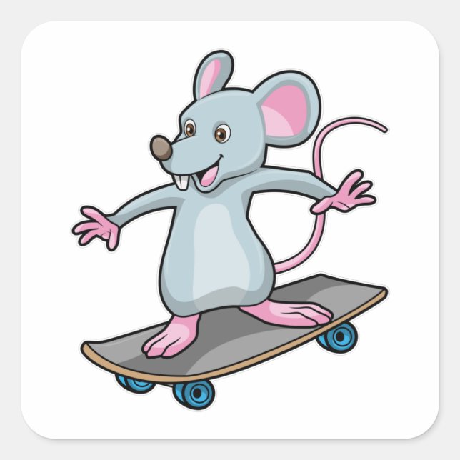 Pegatina Cuadrada Ratón como patinador con patineta (Anverso)