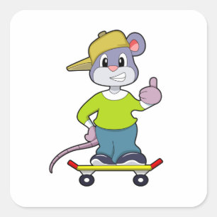 Pegatina Cuadrada Ratón como patinador con patineta